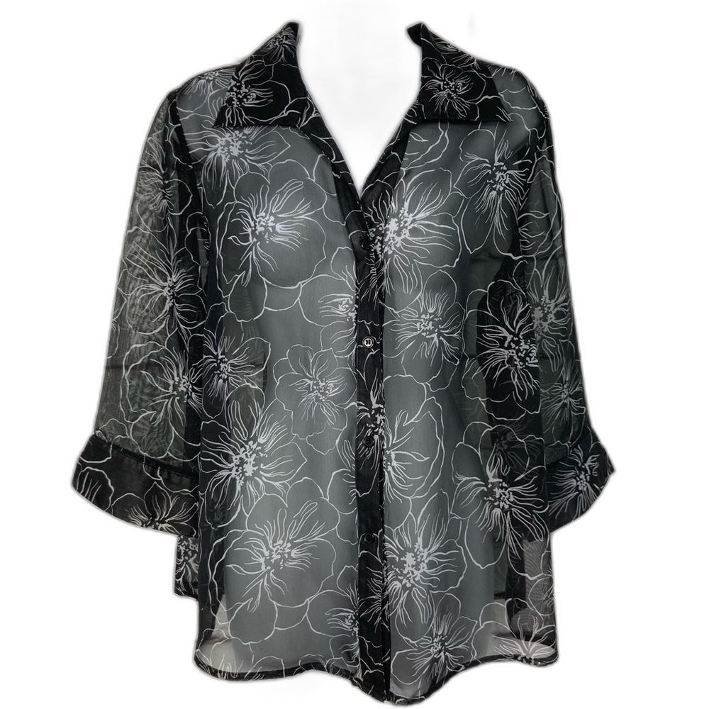 Rebecca Malone Blouse PL Sheer Black White Floral Button Front Flowy Top